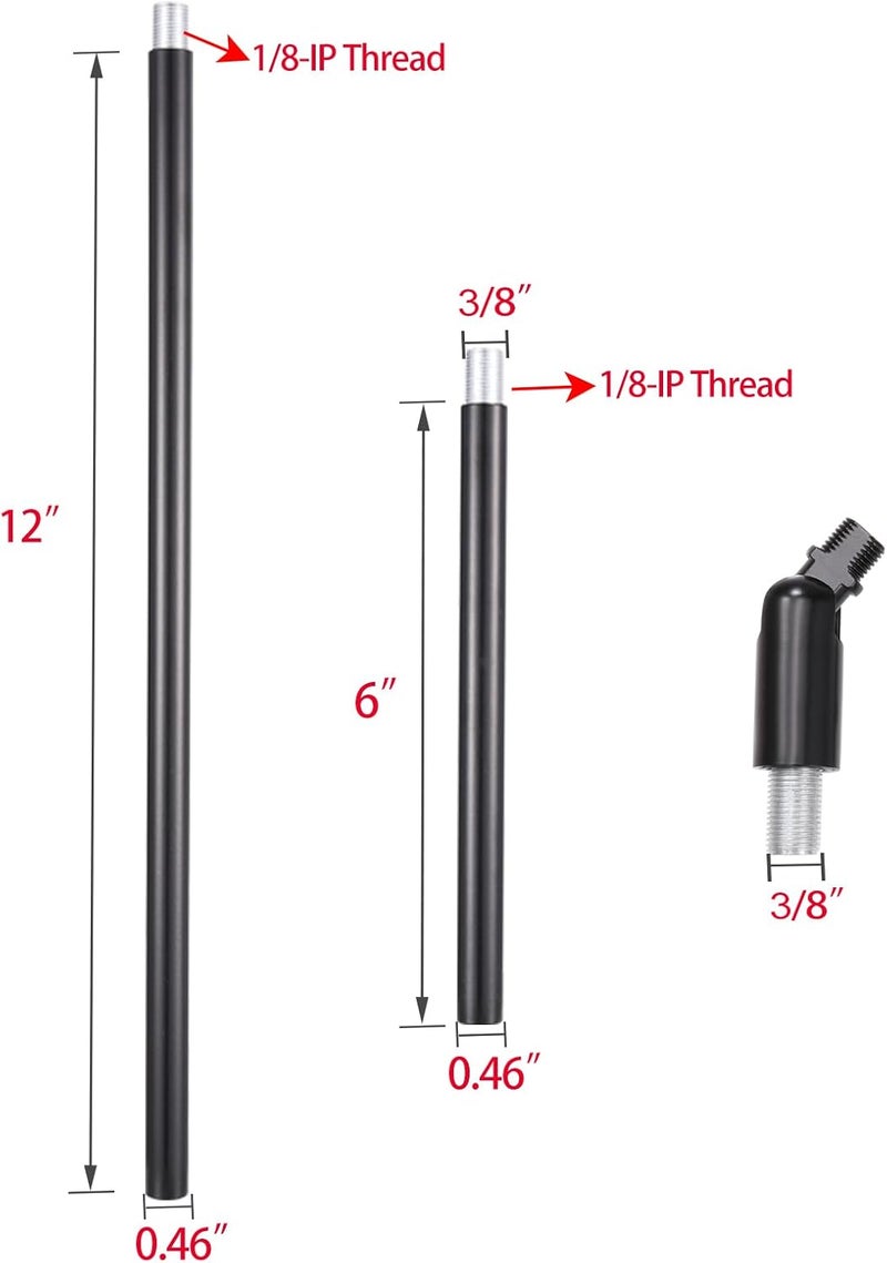 Canomo Chandelier Extension Poles Lighting Fixture Downrods with 1/8-IP Threaded 3/8" Diameter Insert Pipes and 180 Degrees Sloped Adapter for Pendant Light, Black (12 Inch and 6 Inch) - Image 5